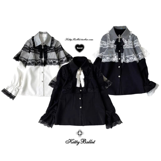 KittyBxllet Original “Misty Veil” Elegant Lace Long-Sleeve Blouse with Ruffles