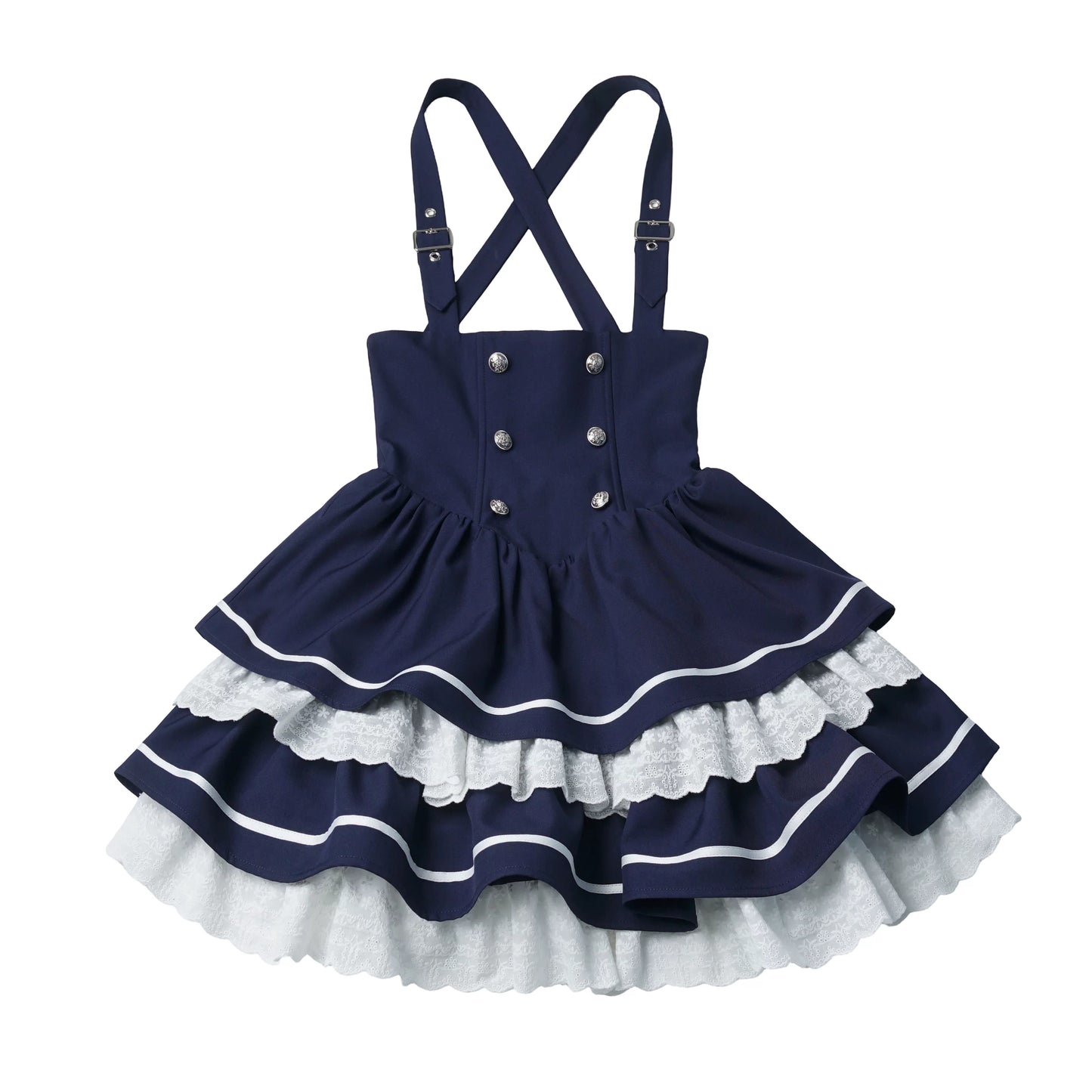 In-Stock & Ready to Ship【Chunxi Women】 Korean-Inspired Academy Waist-Tie Lace Bib Dress in Blue & White with Bow Tie