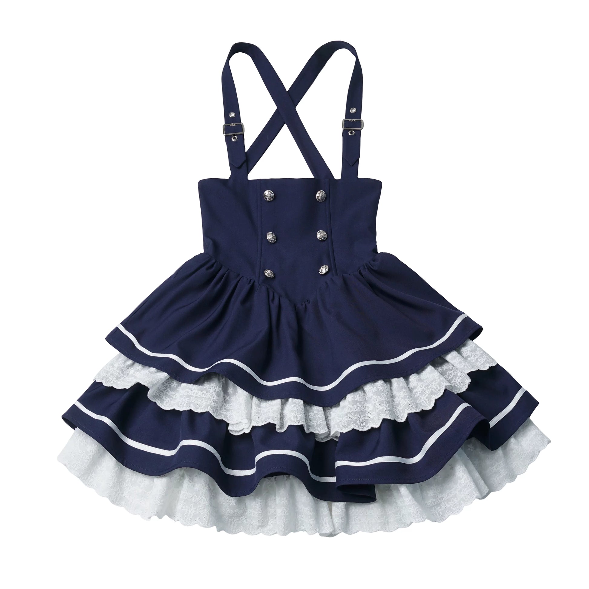 In-Stock & Ready to Ship【Chunxi Women】 Korean-Inspired Academy Waist-Tie Lace Bib Dress in Blue & White with Bow Tie