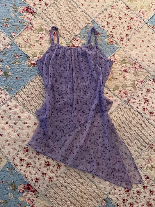 Vintage Purple Floral Crop Top Summer New Irregular Design Boutique Cami