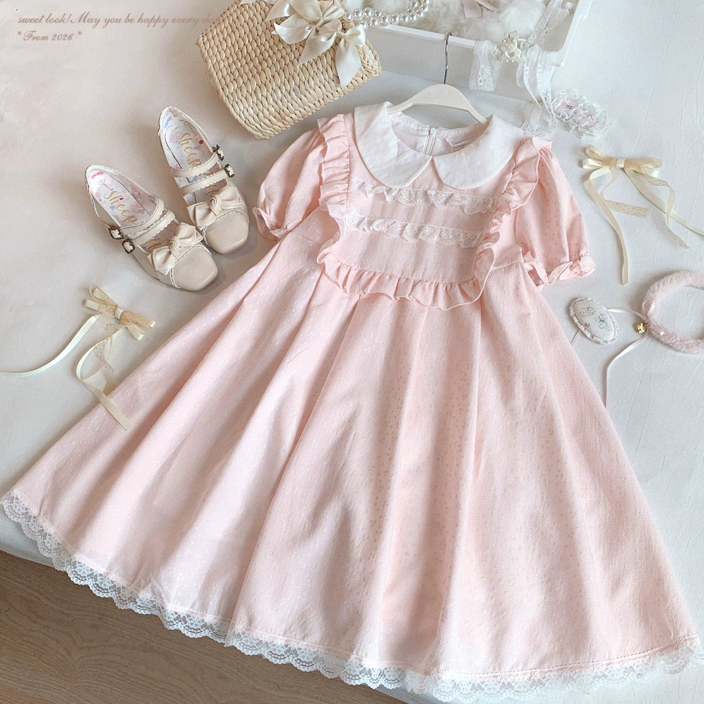 Last-Season Clearance NCX* Sweet Style Adorable Doll Collar Lace Ruffle Puff Sleeves High-Waist Dress