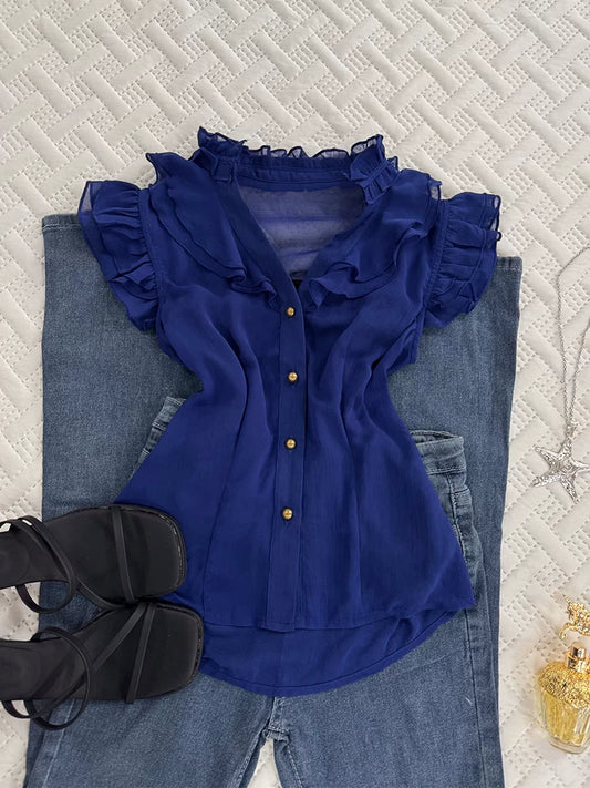 Vintage-Inspired Premium Blue Shirt for Women, Elegant Temperament, Distinctive Non-Matching 2026 Summer New Arrival