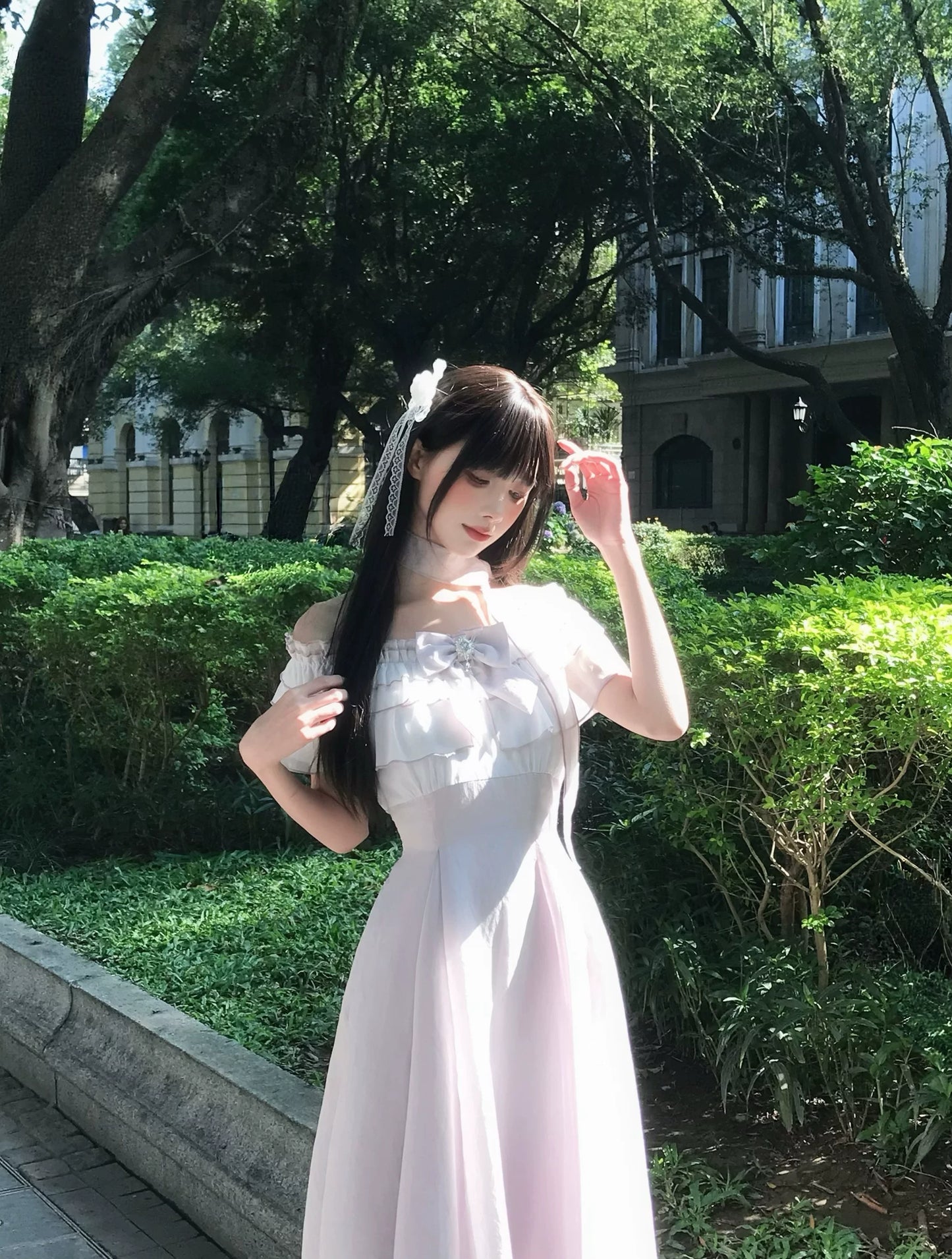 La La Sauce Iris Poem Clear-Style Chiffon Dress with Ironic Ruffle Hem Off-Shoulder Long Dress for Women (Purple)