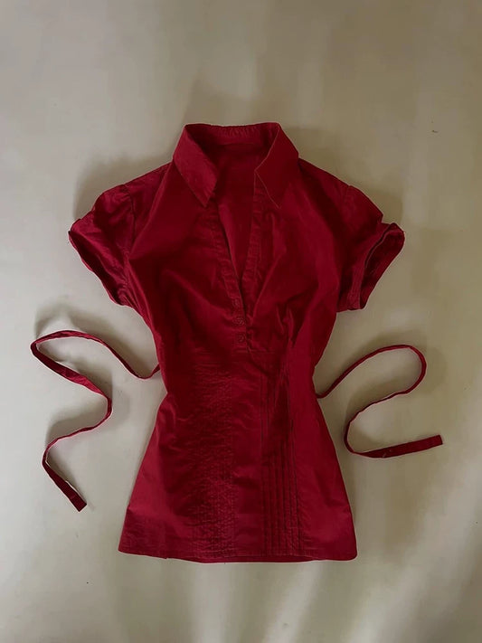 French-Style Red V-Neck Short-Sleeve Shirt for Summer, Vintage-Inspired, Boutique Niche Outfit