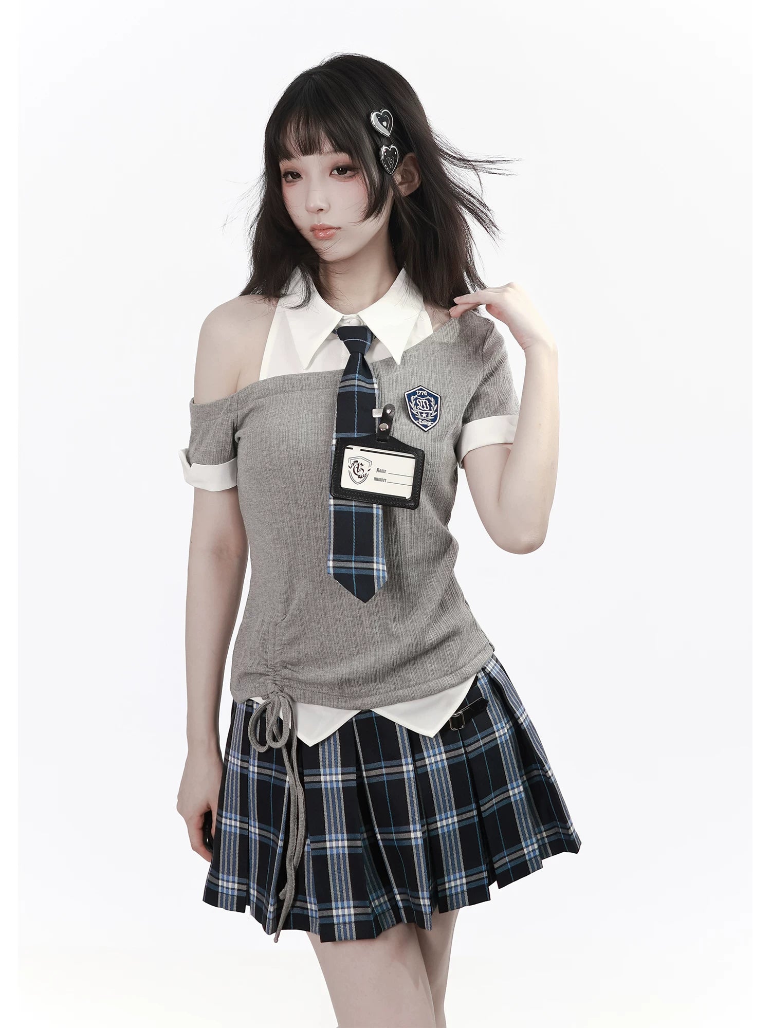 Ready Stock: “Gentle Rules” Off-Shoulder Ribbed Button-Trim Corset-Waist Shirt Top + Camisole Pleated Skirt (Slimming Look)