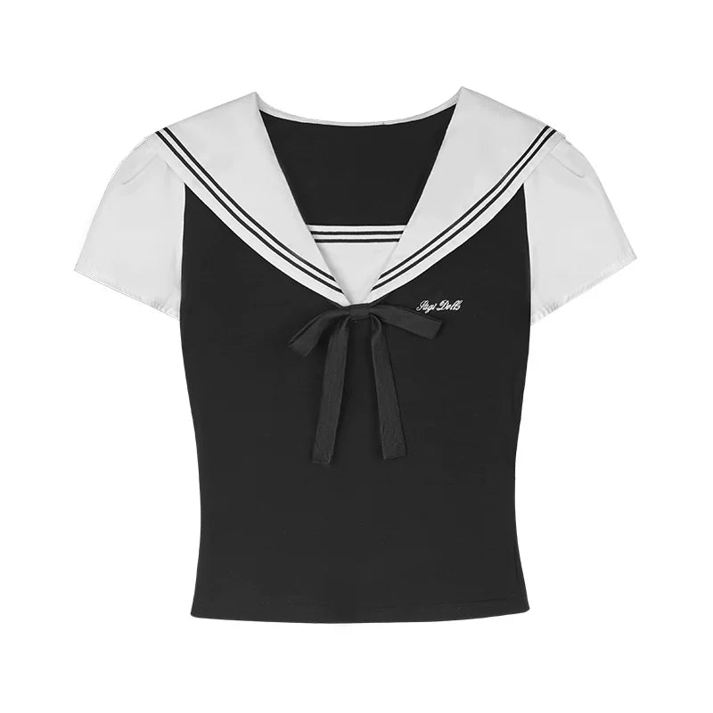 SagiDolls Girls’ Sweet & Spicy Y2K College Style Black-and-White Sailor Collar Top Fitted Flattering Slimming Versatile for Summer