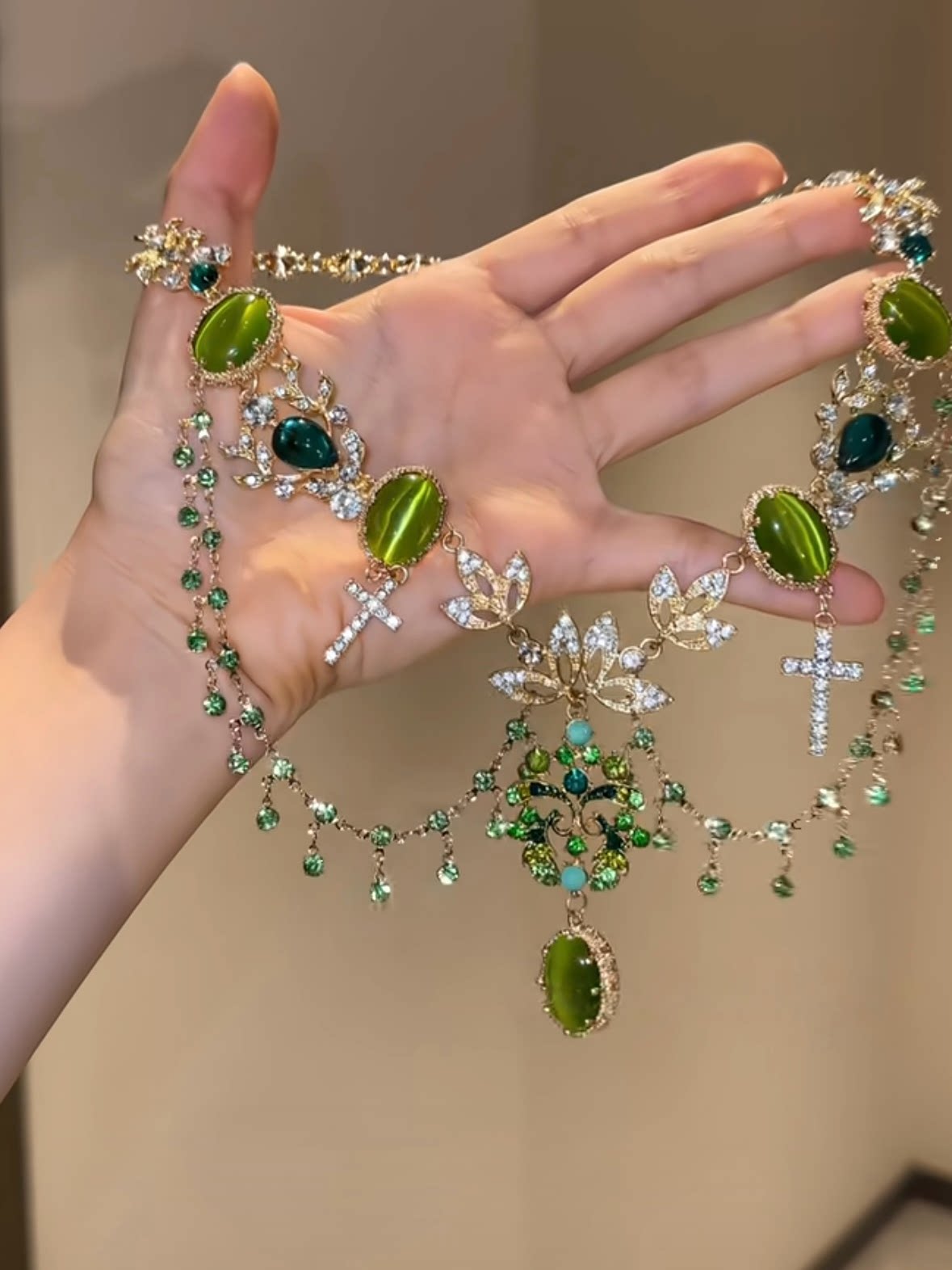 Spring/Summer Botanical Green Floral Tassel Necklace, Ornate Statement Choker, Luxe Double-Layer Necklace for Women