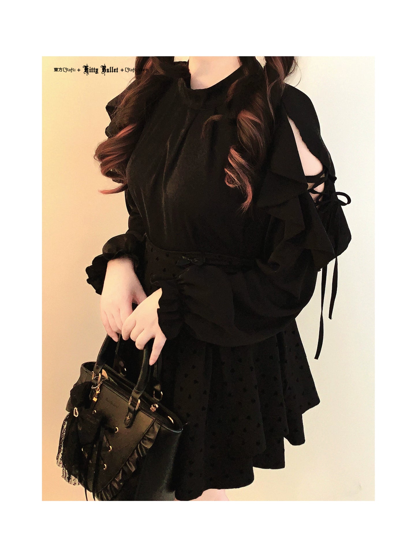 KittyBxllet Original “Ribbon Girl” Off-Shoulder Tie-Up Chiffon Top with Lace Trim Ruffles Long Sleeves