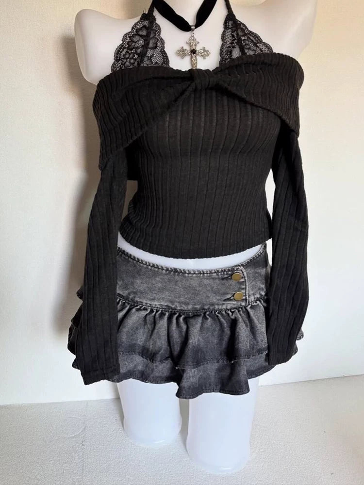 Ban Zhi Tao Original French-Style Black One-Shoulder Off-Shoulder Knit Sweater Elegant Chic Slimming Waist Tie Wrap Knitwear for Women in Autumn