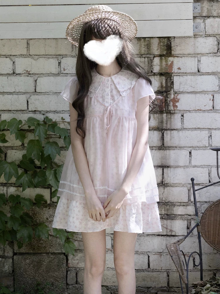 LaLa Sauce — Flower Never Asleep, Original Sweet Doll-Collar Loose Two-Piece Look Pink Floral Dress for Summer