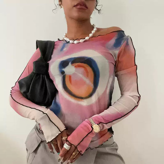 Screen Printed Open Navel Long-sleeved Top
