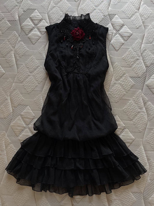 Black Vintage-Waist Cinching Original Dress for Teenage Girls, Elegant Sleeveless Summer Outfit