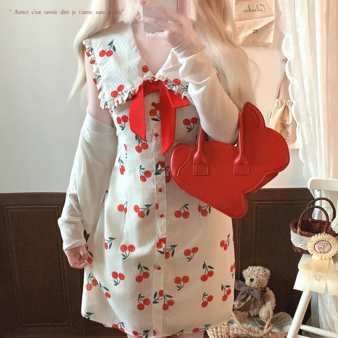 Last-Season Sale Cherry Print Gingham Retro Summer Cute Bow Cinched Waist Dress*