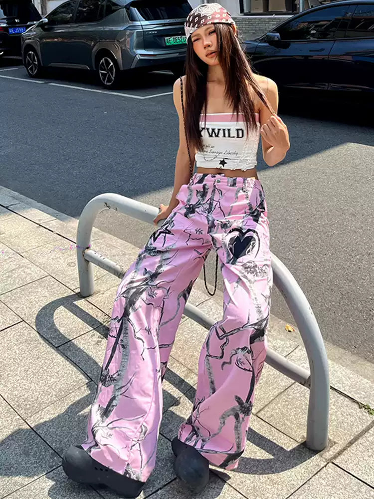 Street pink graffiti niche versatile wide leg pants