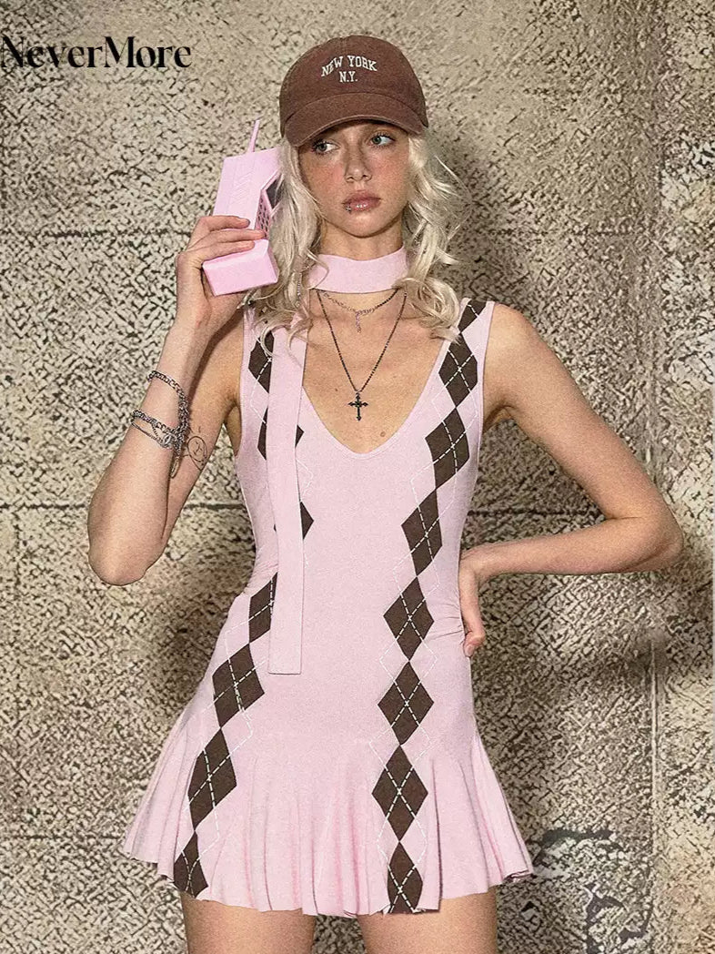 Pink Plaid Deep V Suspender Dress