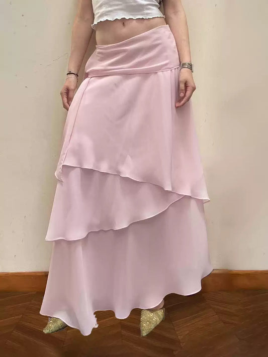 Pink Ruffled Mesh Long Skirt