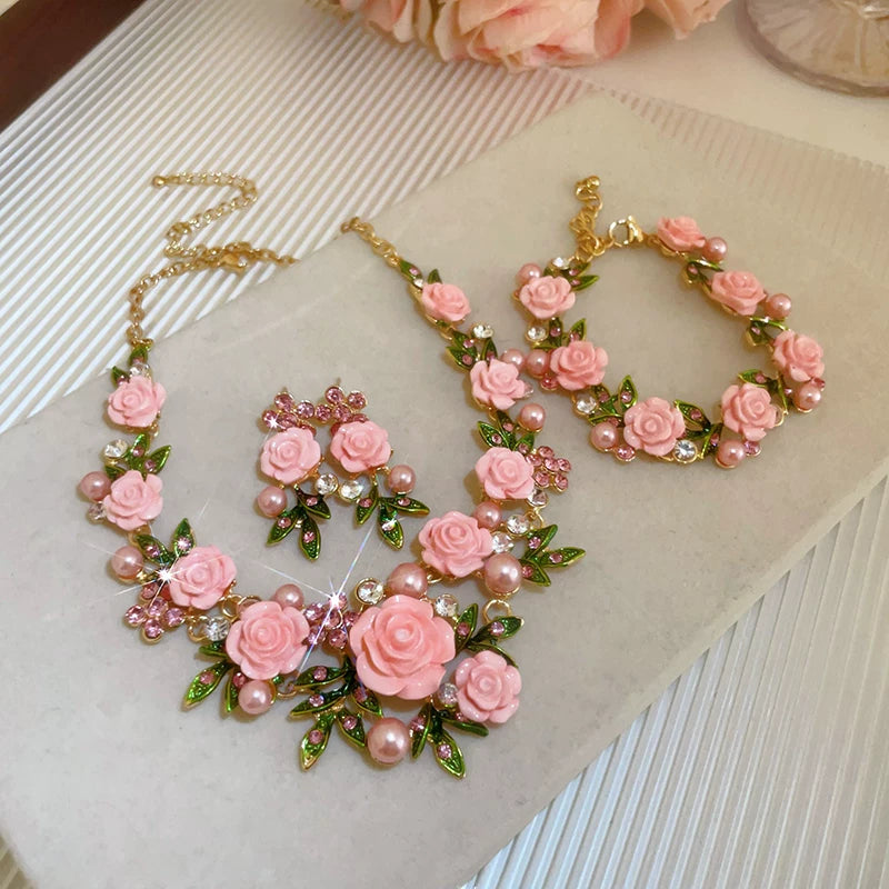 Pearl Collar Necklace with Pink Flowers for Women, Bold Statement Neckwear, 2026 New Fashion Accessory - Pink Set 3 Necklace + Bracelet + Earrings
