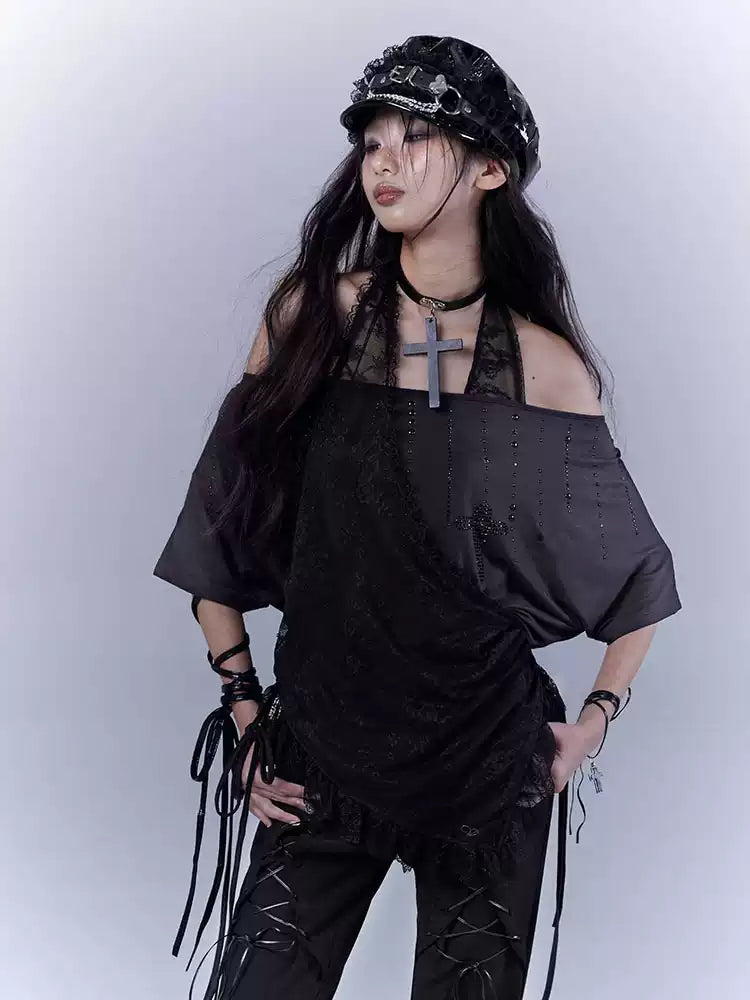 Grunge Lace Halter Neck T-shirt