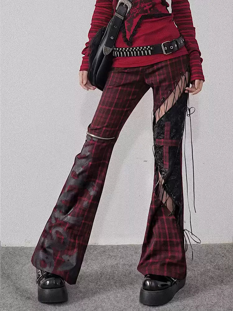 strappy hollow red and black plaid leather trousers