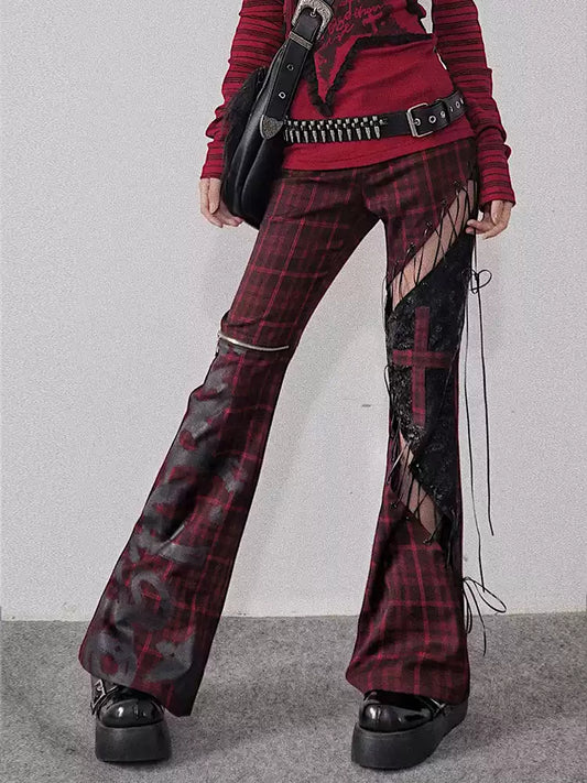strappy hollow red and black plaid leather trousers