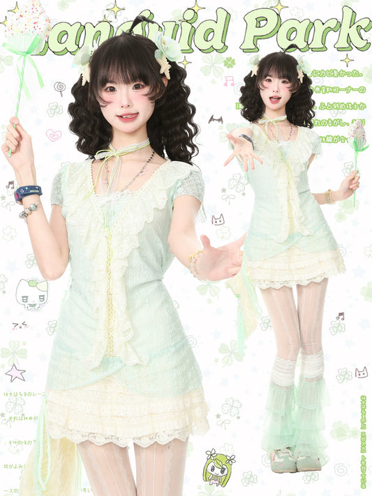 Blue Ghost Park Languid Park Ballet-Inspired V-Neck Short-Sleeve Shirt & Lace Mini Skirt Two-Piece Set for Women (Summer)