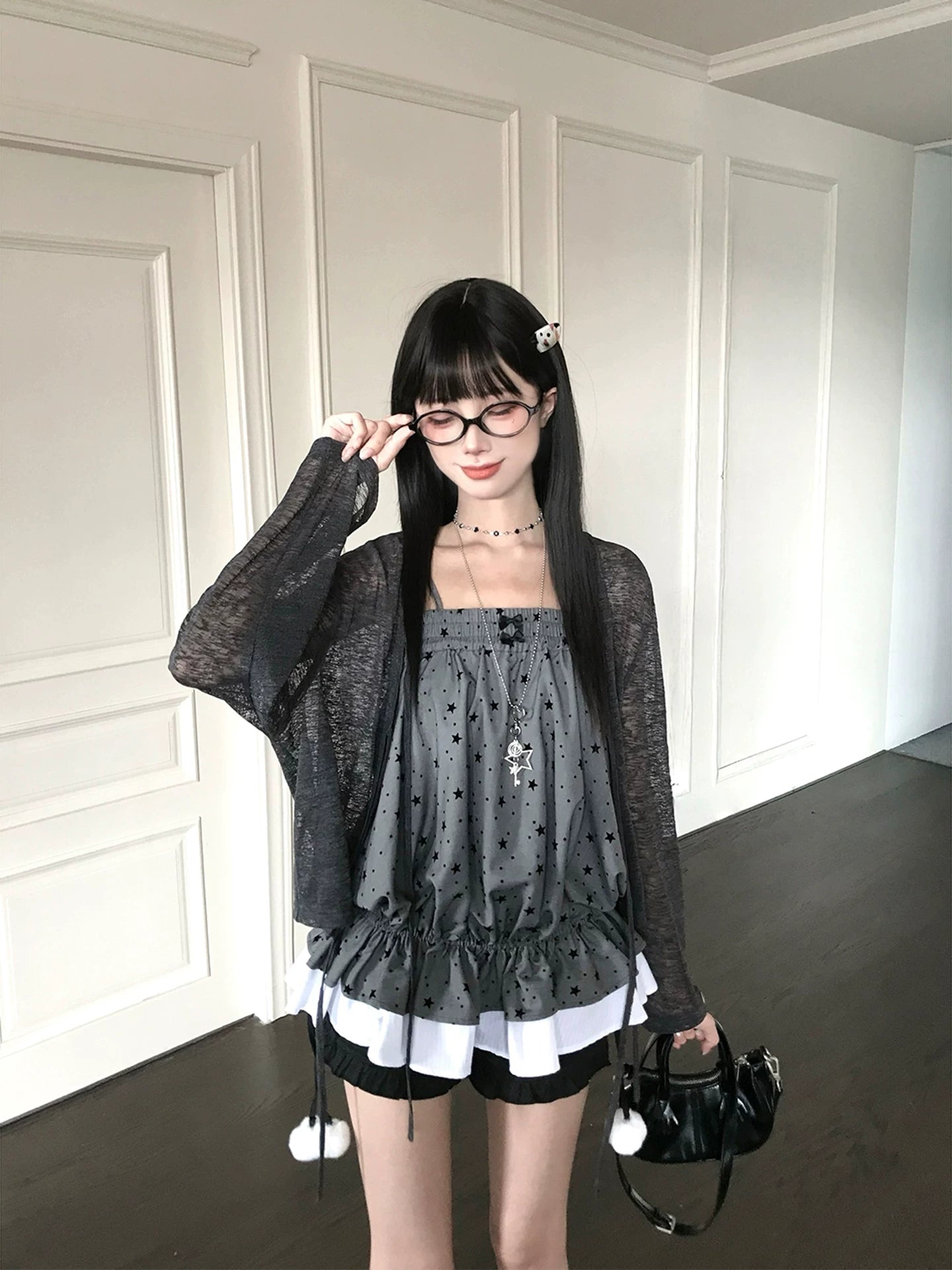 LaLa Sauce “Grey Mist Star” Star Camisole + Sun-Protection Cardigan Two-Piece Set with Drawstring Pom-Pom Sweet & Cool Girl Outfit