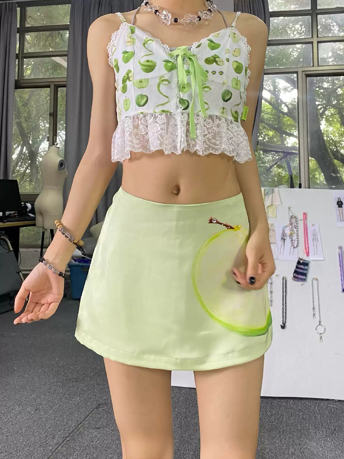 green apple printed lace tie cute little vest