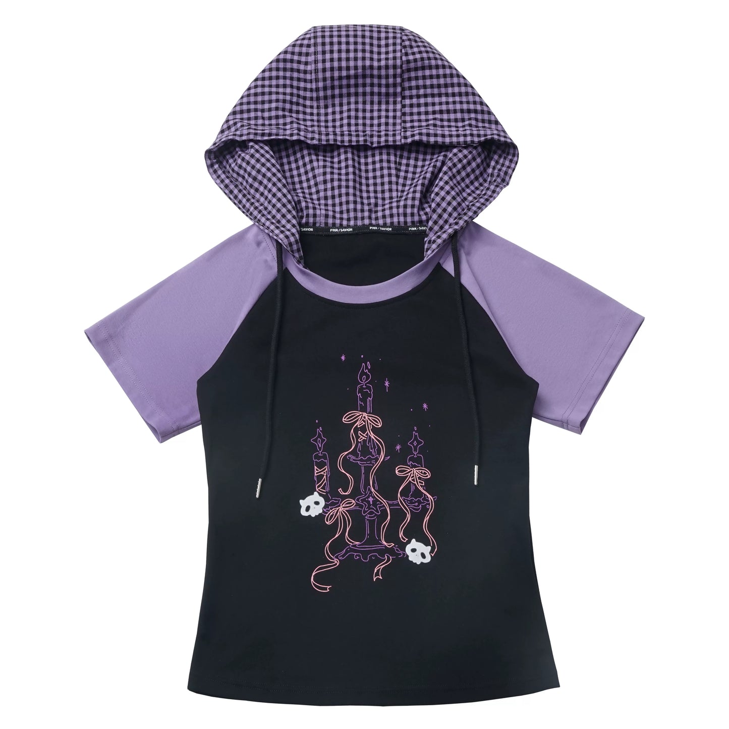 Ready Stock & Fast Shipping 【Interwoven Dreamscape】 Purple Grid Summer Waist-Cinching Color-Block Slimming Cute Short-Sleeve Two-Piece Set