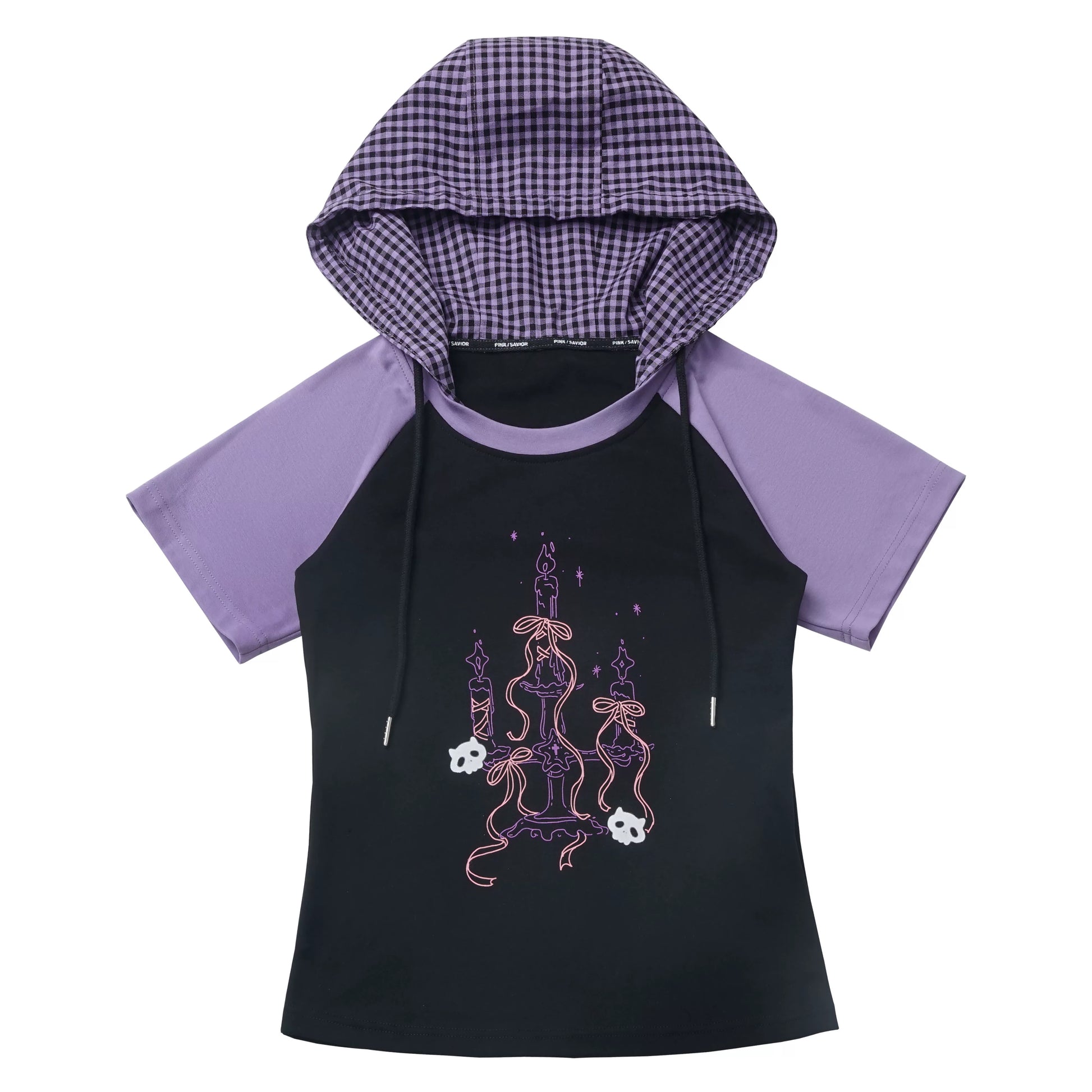 Ready Stock & Fast Shipping 【Interwoven Dreamscape】 Purple Grid Summer Waist-Cinching Color-Block Slimming Cute Short-Sleeve Two-Piece Set