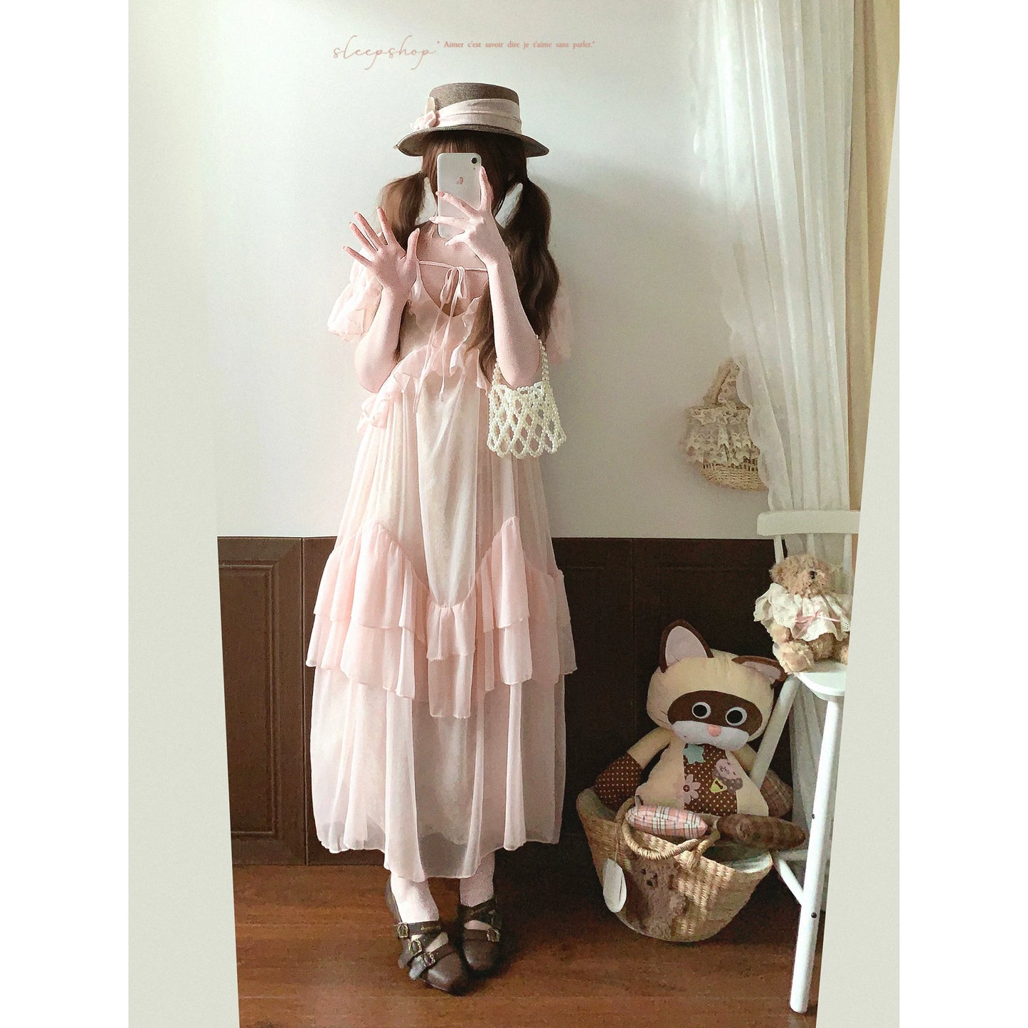 End-of-Season Item Blush Pink Romantic French-Style Ruffle Tie-Front Embellished Soft Lace Dress