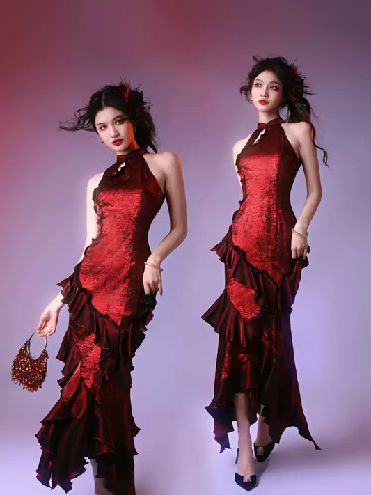 Irregular Ruffled Halter Neck Fishtail Dress