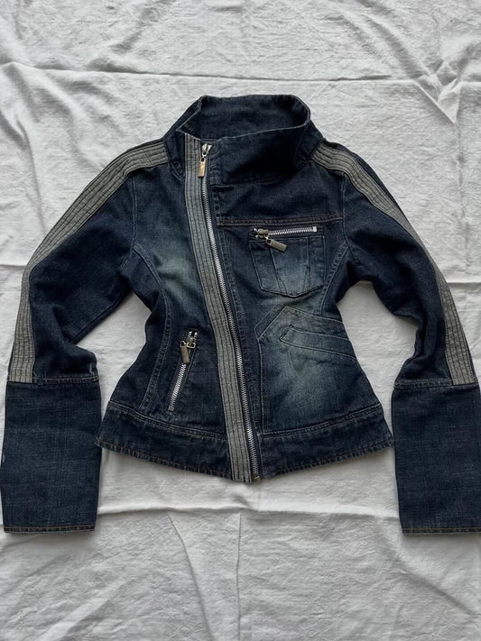 Half Peach Original Vintage Blue Contrast-Panel Zipper Slant-Front Design Denim Jacket with Stand Collar for Autumn Women