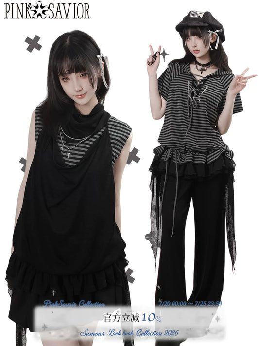 PINKSAVIOR “Jazz Holiday” Striped Short-Sleeve Suspender Dress—Vintage-Inspired, Flattering, Comfortable Soft Cotton for Besties