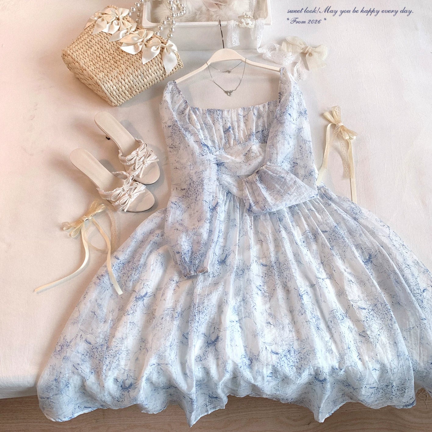 Last-Stock Sale dod* French Tea-Party Dress Elegant Pleated Square Neck Watercolor Hand-Painted Print Midi Dress