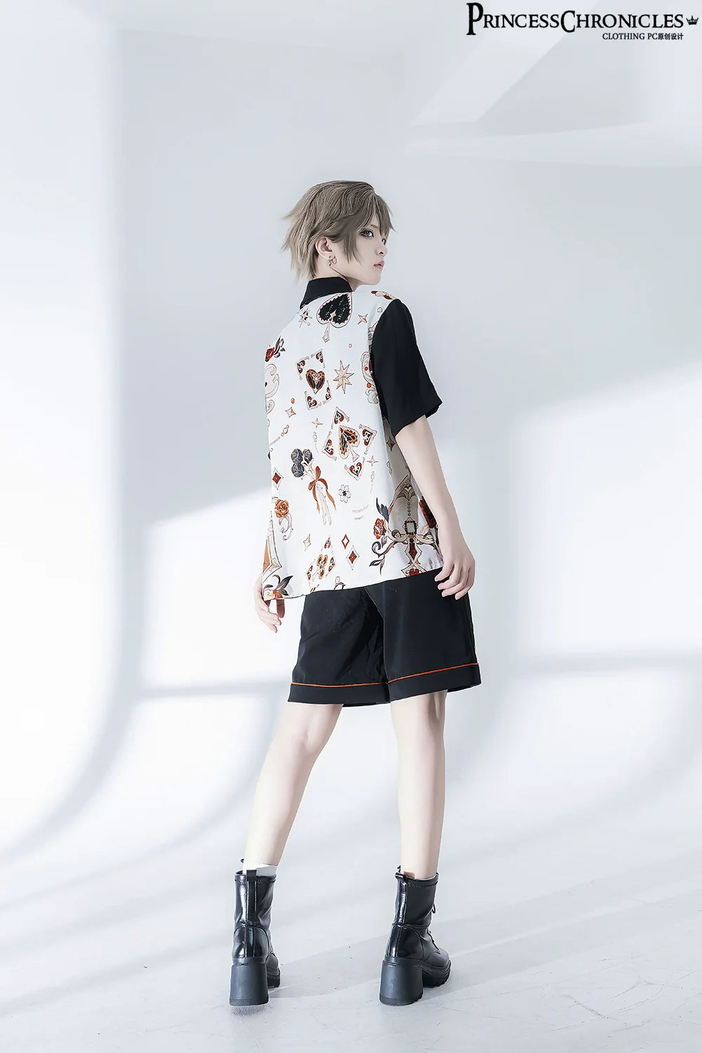 Retro Ouji Lolita Shirt Floral Short Sleeve Shirt and Embroidered Black Shorts