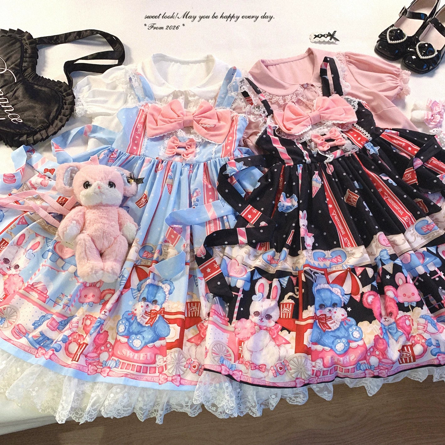 Last-Call BTSN Adorable Popcorn Bear & Bunny Print Patchwork Lace Bow Lolita Dress *f