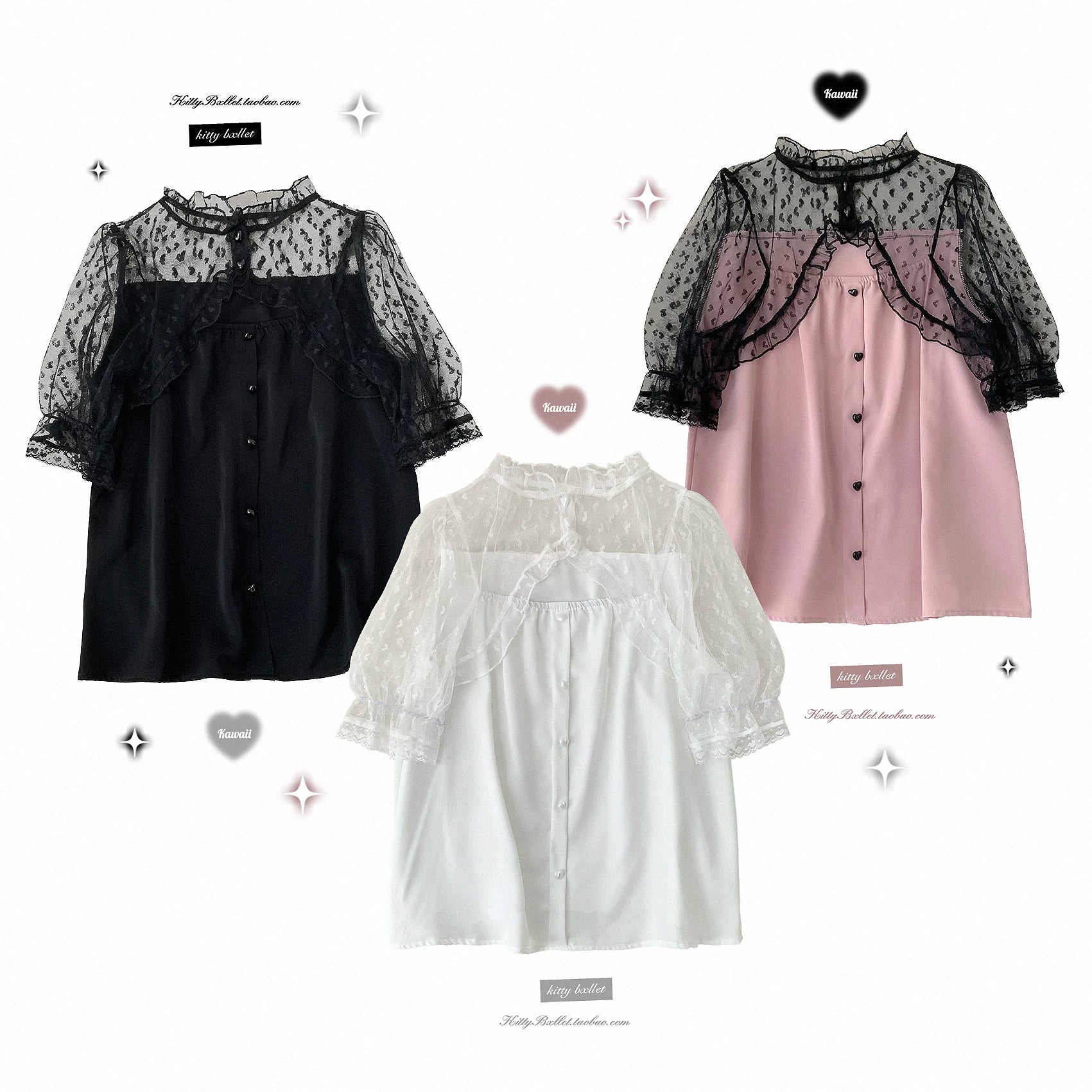 KittyBxllet Original 【Lace Girl】 Sweet Lace-Print Mesh Chiffon Top