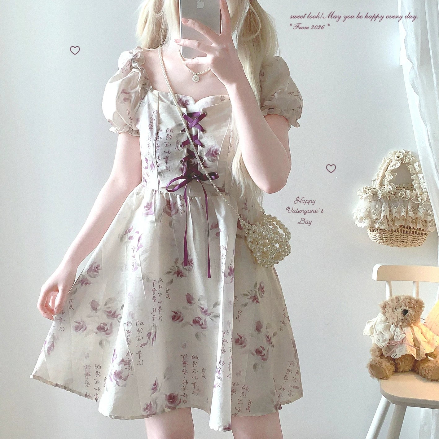 Last-Season Deal Rose-Purple New Chinese-Style Retro Watercolor Ink Floral Print Tie-Back Puff Sleeve Dress *f
