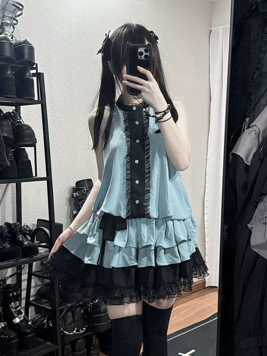 Glacier Jellyfish Lifelike Vintage Series Cinched Waist Short Skirt—Retro Japanese-Style Off-Shoulder Loose Chiffon Dress
