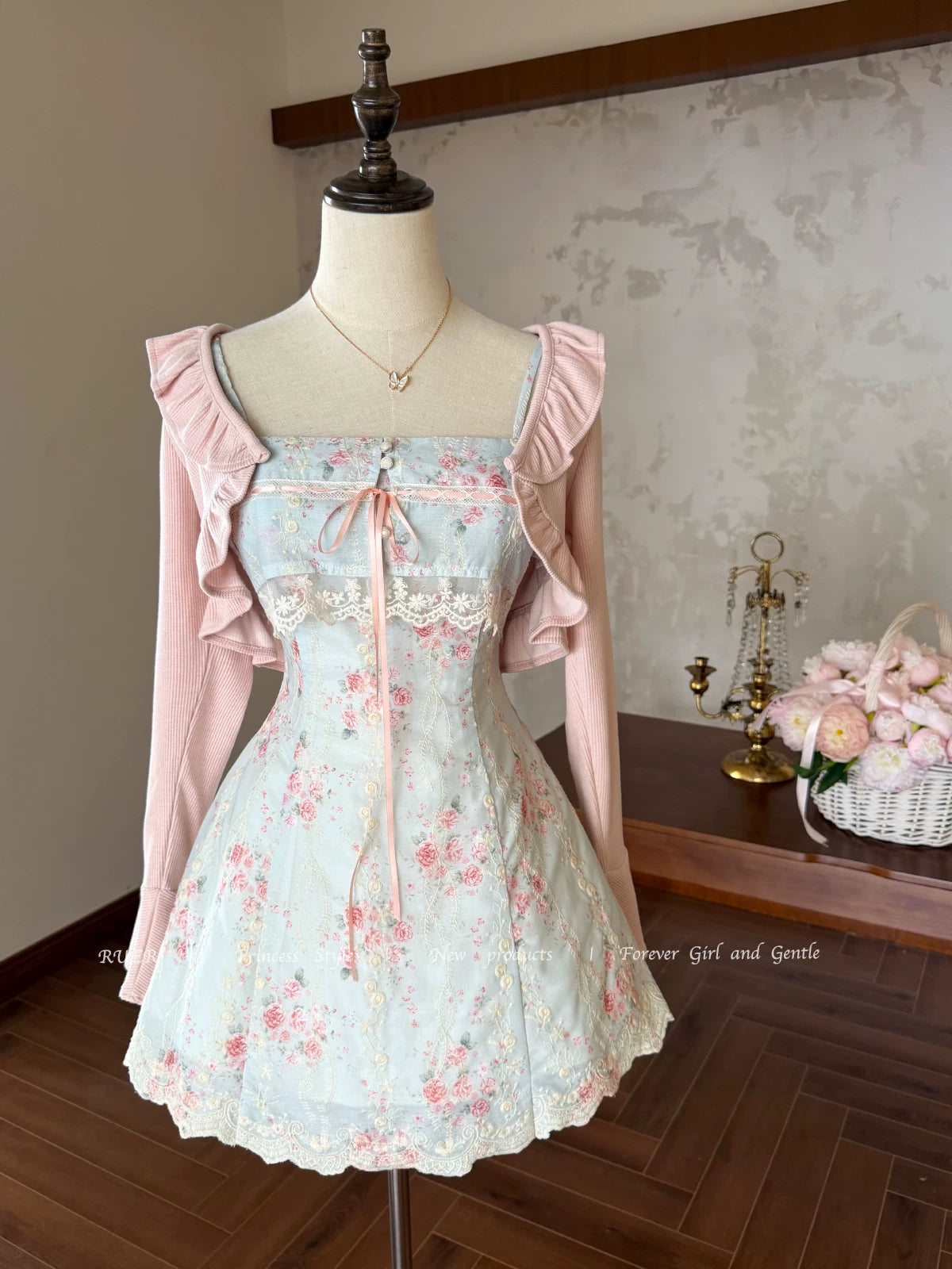 New Discount Zhaoruer Original Lace “Pure Desire” Tie-Embroidered Print Cinched-Waist Early Autumn Slip Dress Set