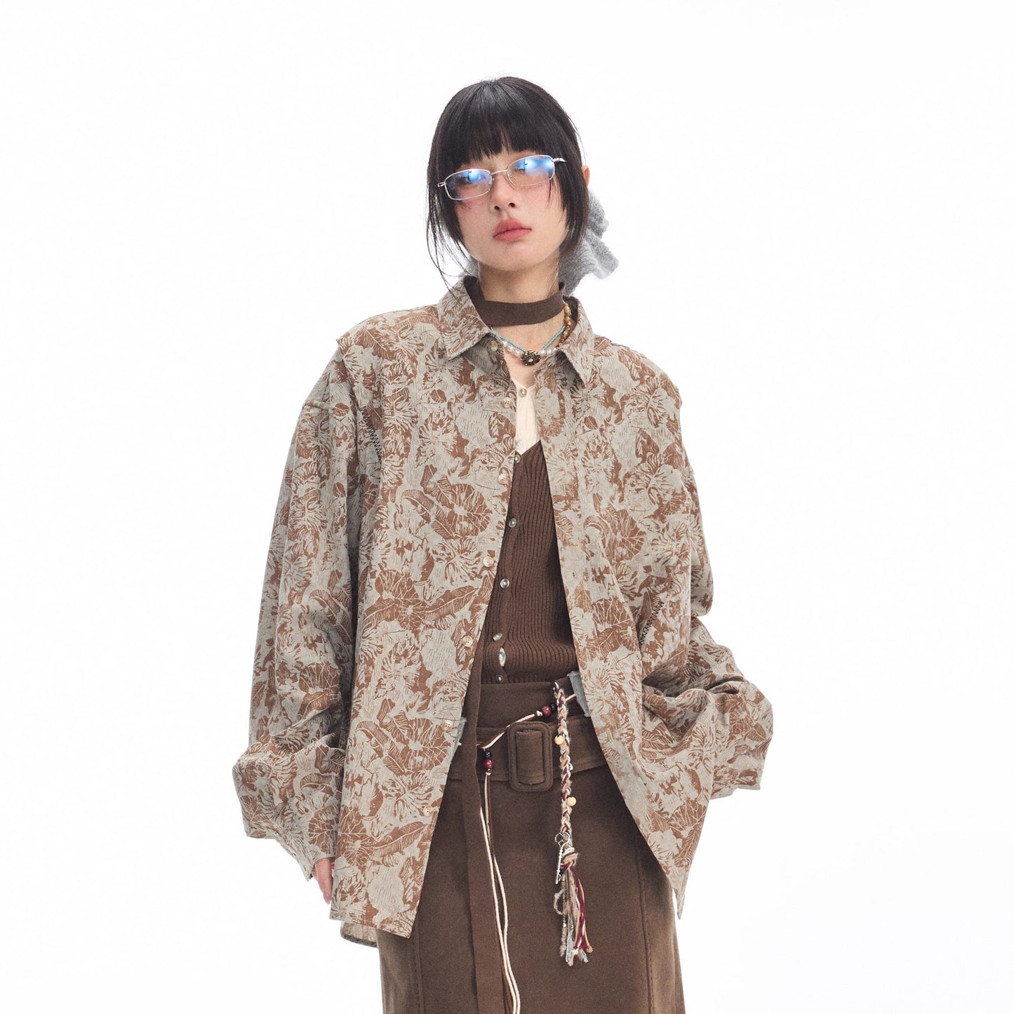 American niche design floral print long-sleeved shirt