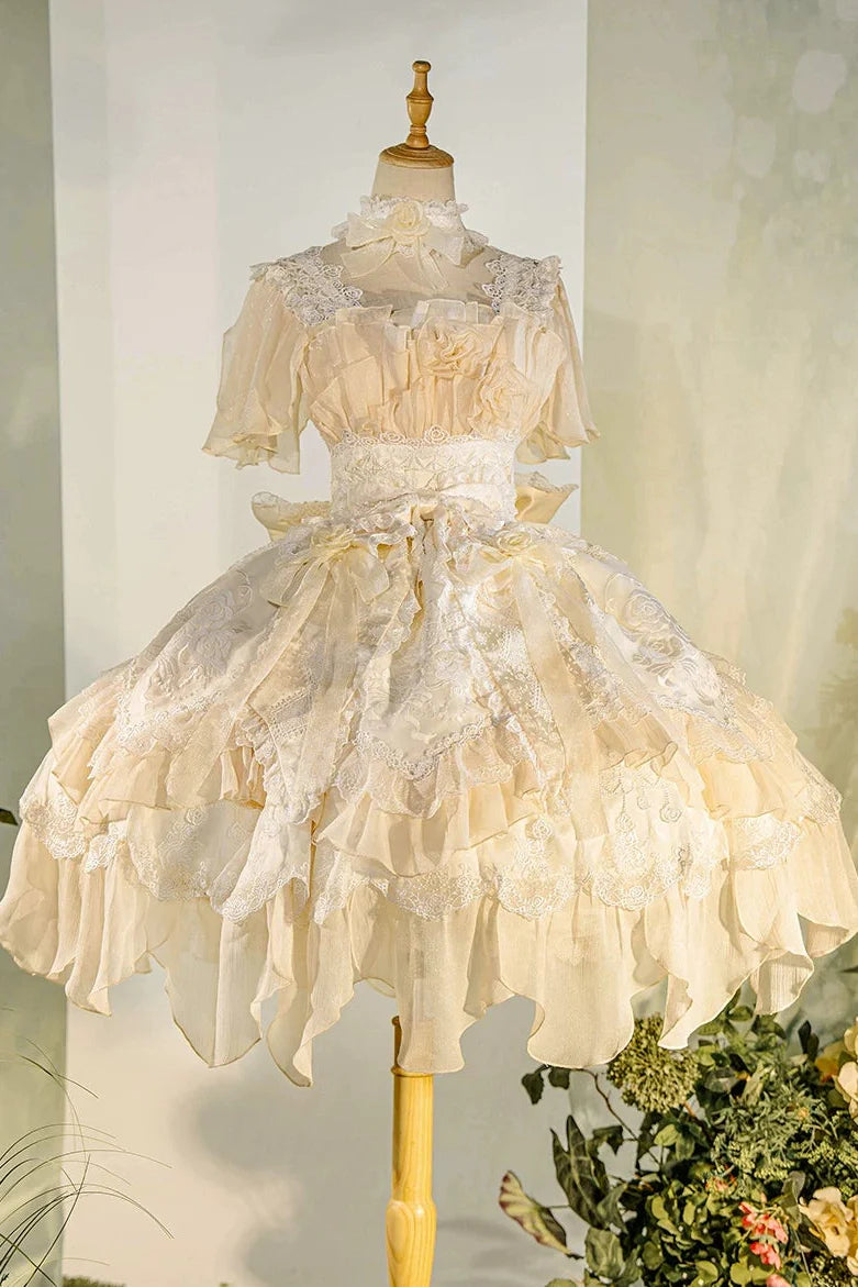 Fairy Princess Lolita Jumper Skirt + Hair Accessories + Sleeves Yellow［Short Jsk ］