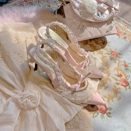 SwtCor Original Pink Lace Satin Bow Pointed-Toe Slim High-Heel Shoes, Elegant & Feminine Style Dress Pumps for Women