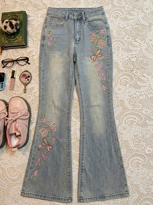 Fresh Pine Girl Original Blue Embroidered Casual Slimming Flared Jeans for Summer Women—Trendy Small-Label Styling