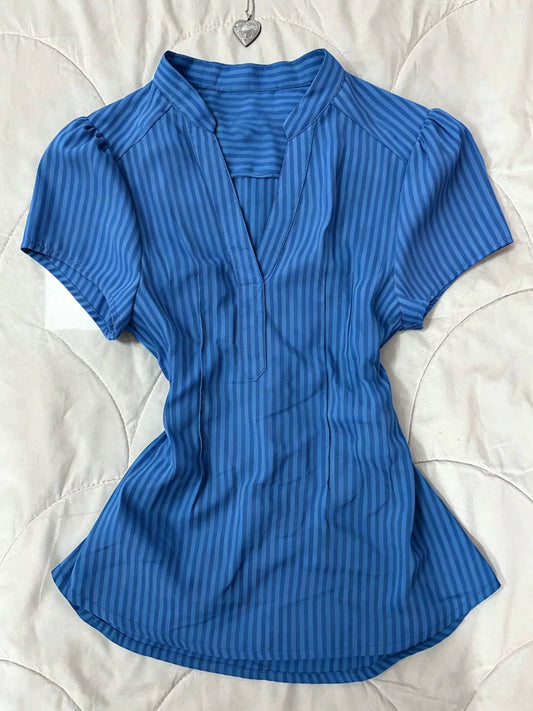 Gentle Art Original Blue Striped Short-Sleeve Shirt Summer Design Slim Fit Waist-Defining Unique Vintage Top