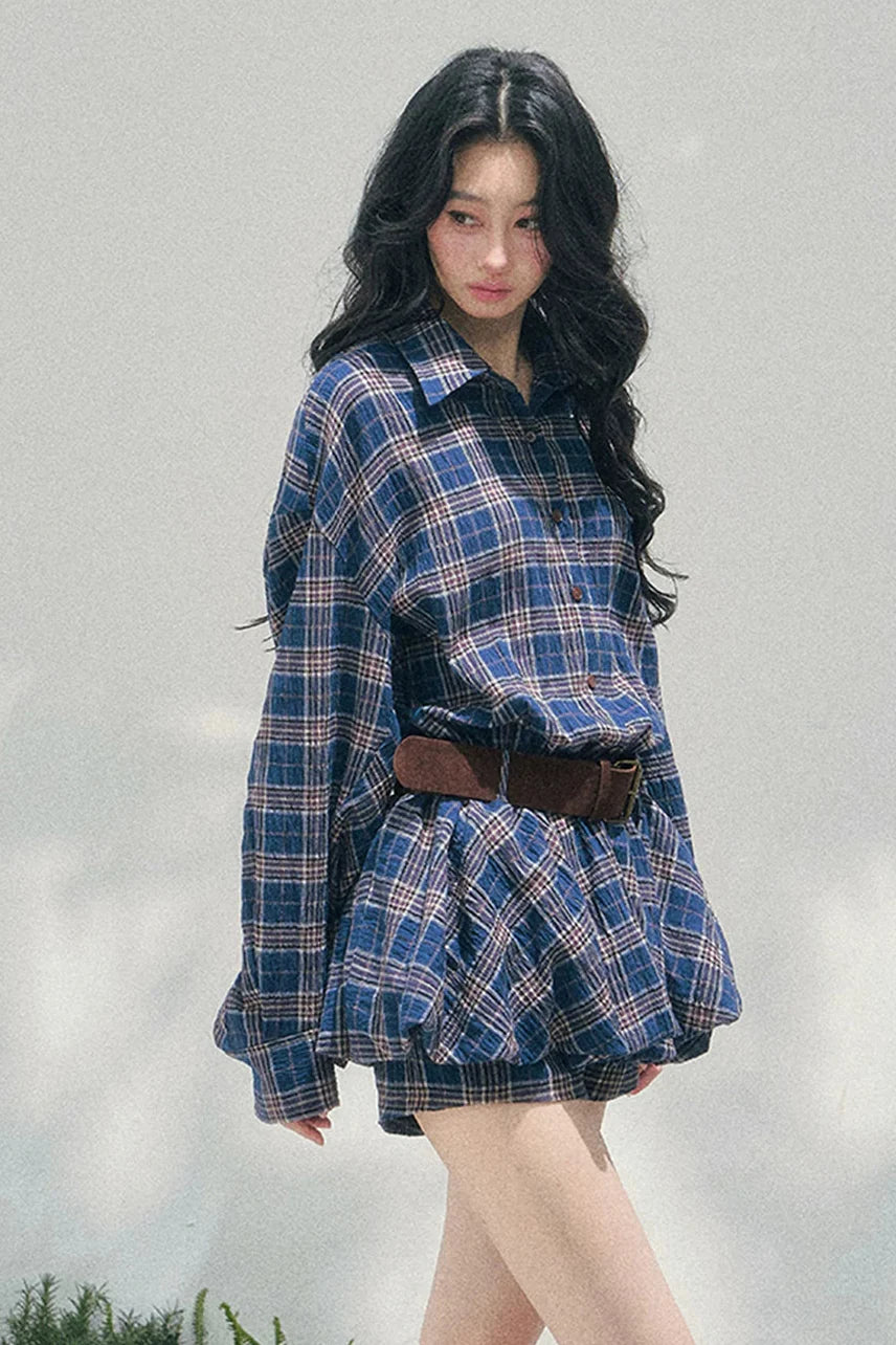 American Polo Collar Check Dress + Pants + Belt