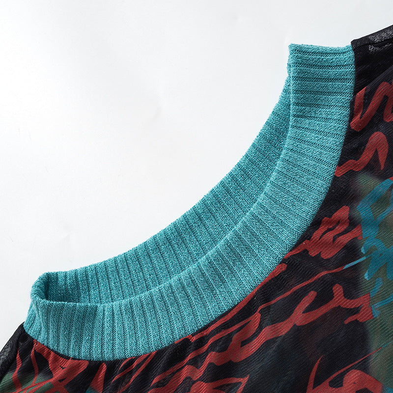 Long-sleeved Mesh Printed Top