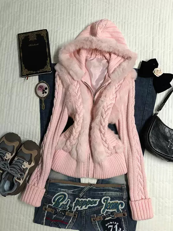 pink twist hooded sweater jacket
