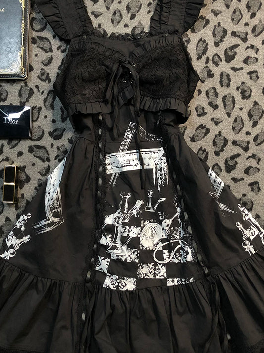 Black Lace Patchwork Print Slip Dress for Women, Summer Gothic, Small-Boutique Vintage Design