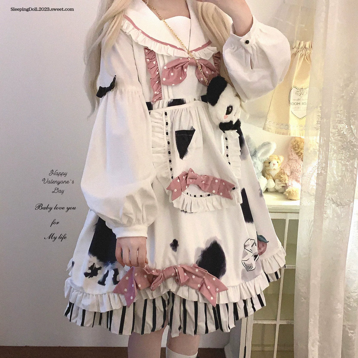 Last-chance HCLL Navy Peter Pan Collar Cute Polka Dot Bow Appliqué Cow Pattern Bib Apron Patchwork Striped Lolita Dress